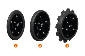 A tömörítőkerekek 25 és 50 mm szélességben kaphatók | 1) 25 mm sima 2) 50 mm sima 3) 50 mm csipkézett